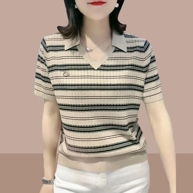 Short-Sleeved T-Shirt for Women 2025 New Popular Summer Casual Versatile Tops Mom Age-Reducing Style Stripesd Polo Shirt