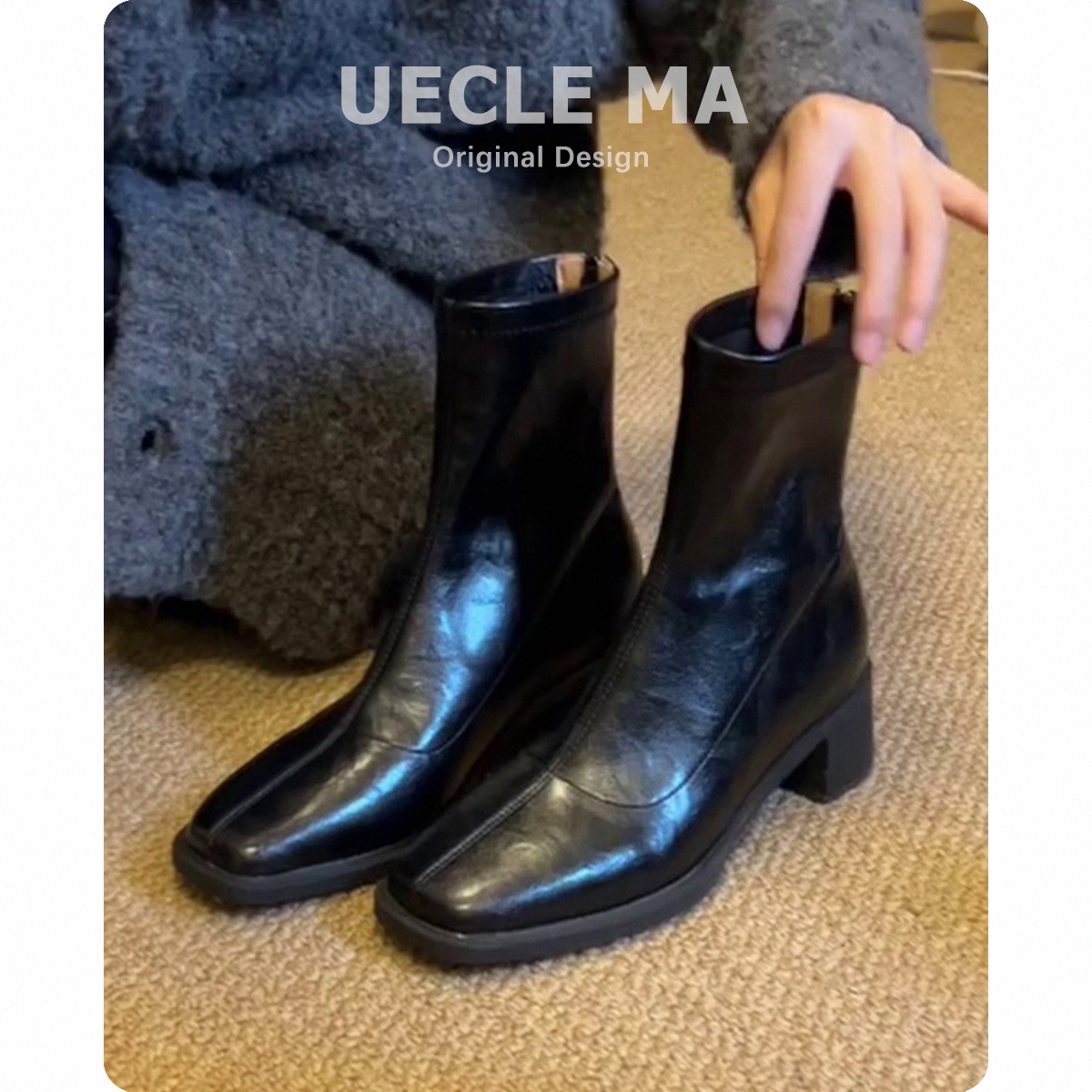 Cowhide Version ~ Chunky Heel Short Boots for Women, 2025 Autumn and Winter New Product, Square Toe Slim Boots, Short Tube Korean Style Versatile Martin Boots