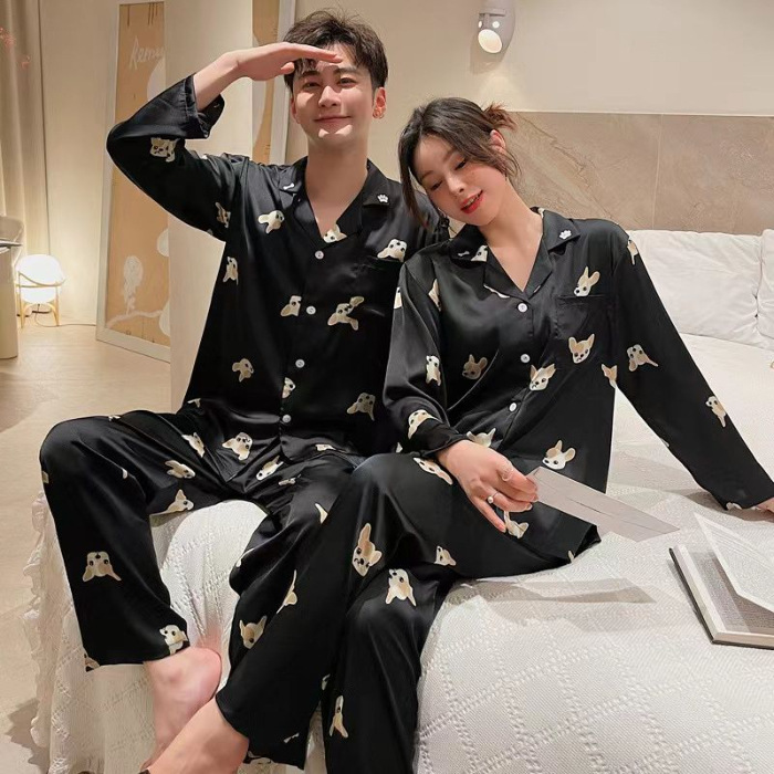 Pajamas de pareja primavera y otoño de mujeres de manga larga seda delgada japonesa inns perrito hombre imitación de seda ropa para el hogar verano