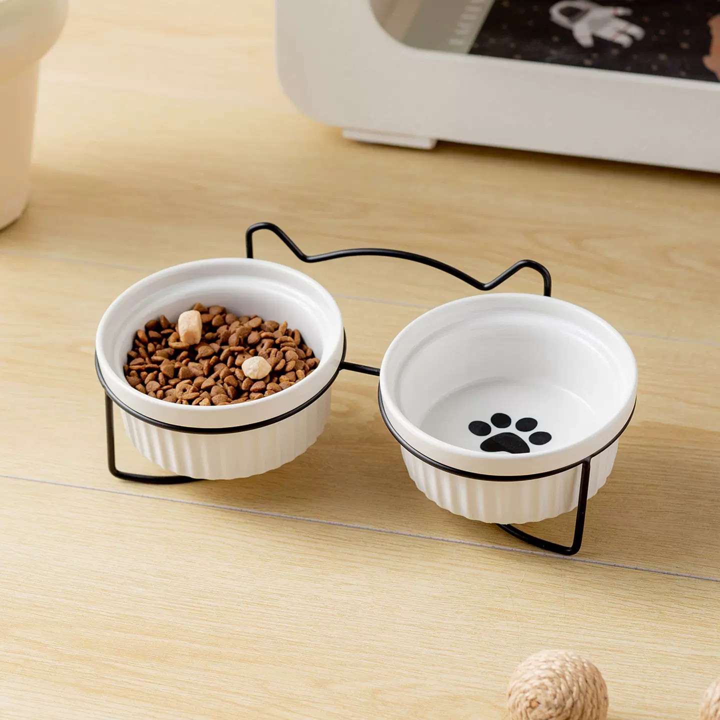 猫碗铁架陶瓷双碗斜口宠物碗保护颈椎条纹猫食盆猫咪粮碗饮水小碗