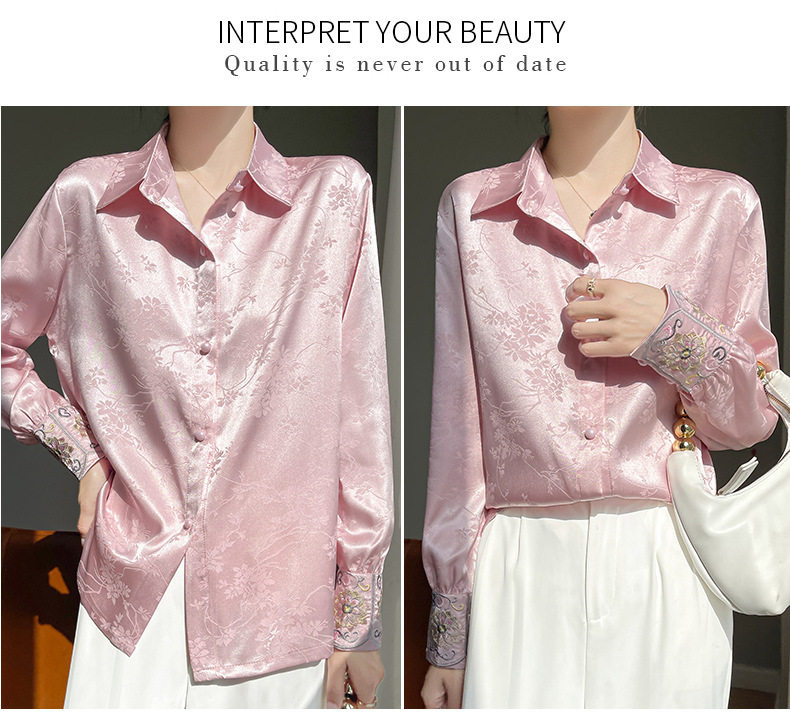 Áo sơ mi nữ dài tay cổ sơ mi thêu hoa văn jacquard chất satin cao cấp — Màu be, Màu hồng, Màu đen chi tiết 13