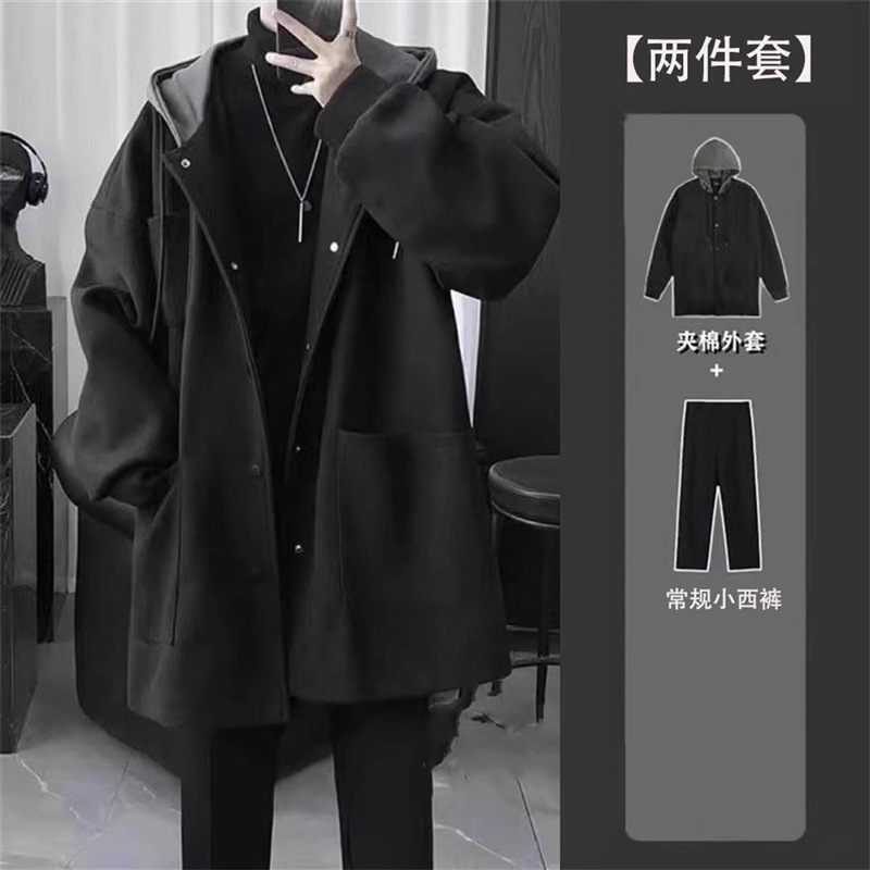 Woolen coat black + trousers black regular two-piece set