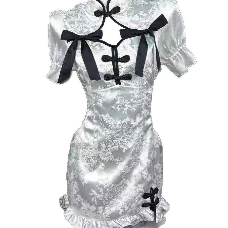Chinese-Style Cheongsam Dress Slim-Fit Short Summer Dress with Vertical Collar — detail image 6