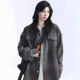 美式重工做旧水洗渐变牛仔外套女中长款早春秋渐变色夹克衬衫上衣