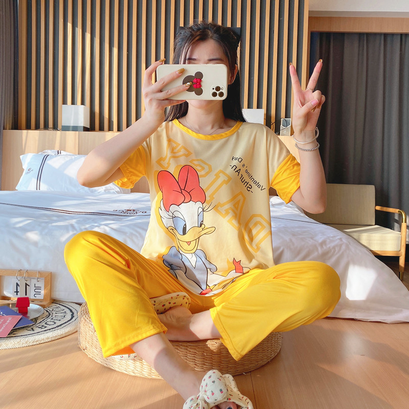 女性のためのパジャマ夏半袖韓国スタイル春と秋のかわいいズボン薄い 2025 ルーズホーム服セット大きいサイズ漫画