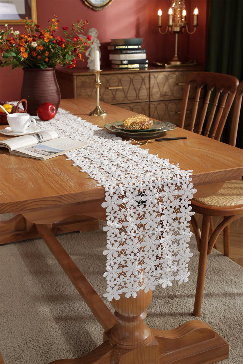 Rustic Romantic White Hollow Floral Lace Table Runner Decor_voghion.com