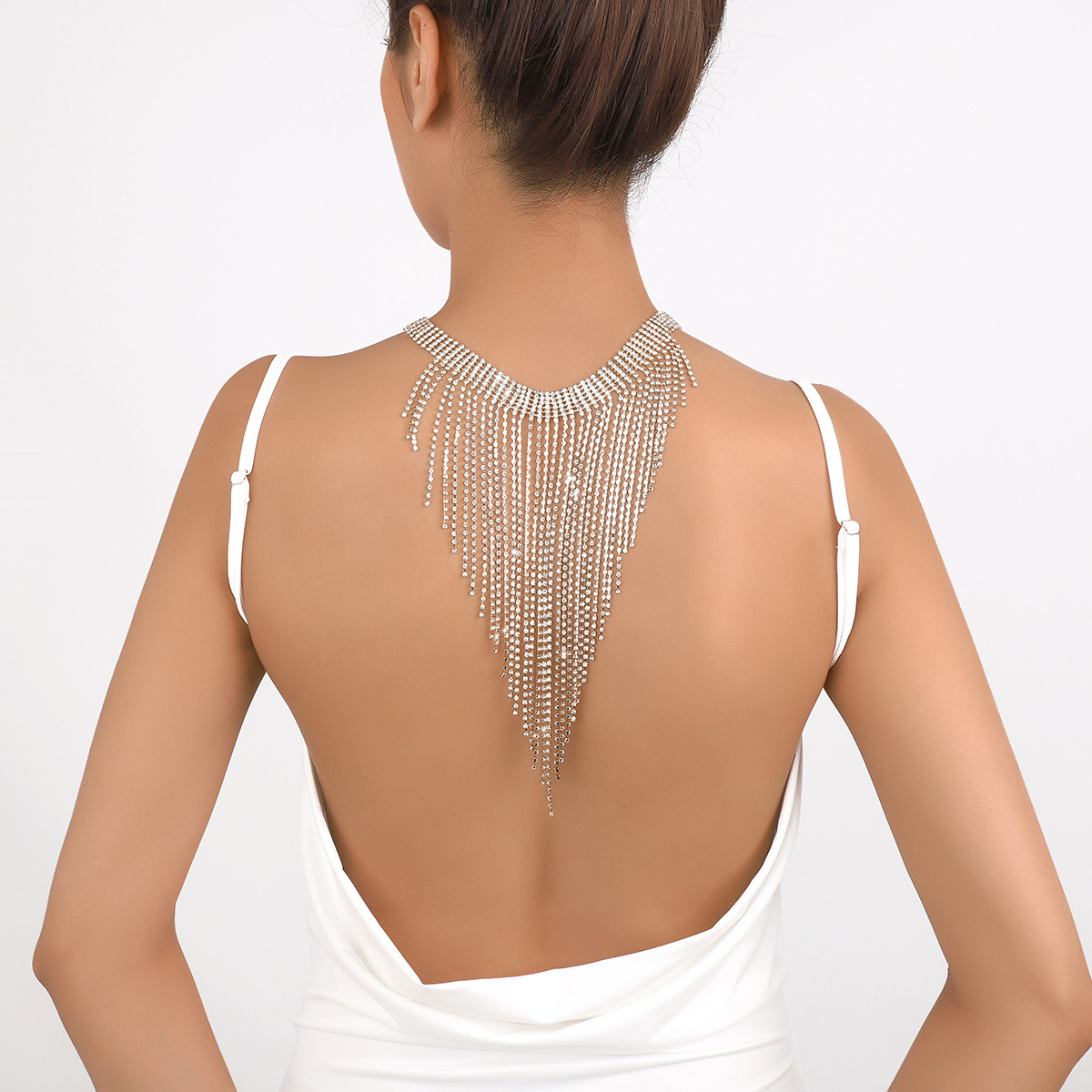 Rhinestone Tassel Back Necklace Luxury Statement Retro Chain_voghion.com