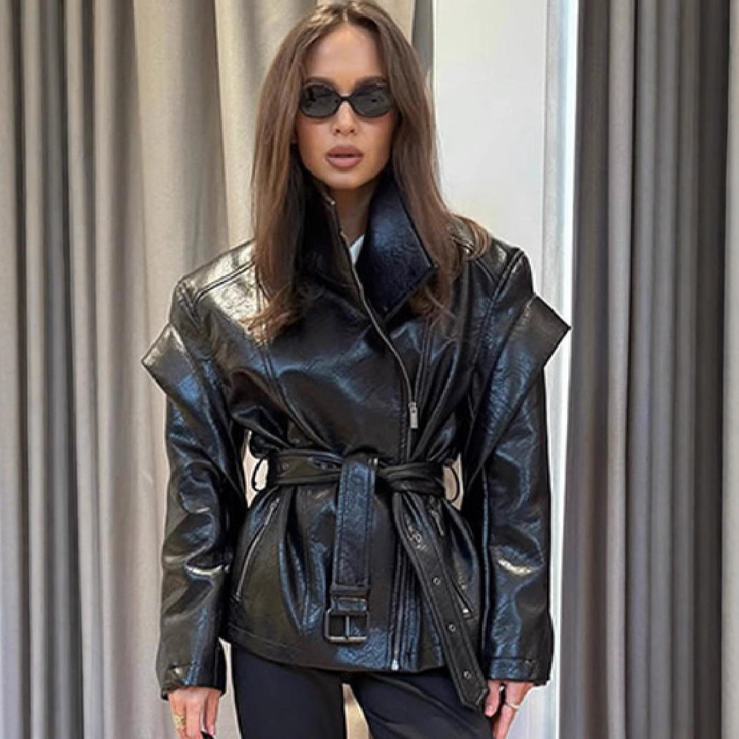 2025 Autumn/Winter Women's Cross-Border Aliexpress Hot-Selling Fashionable and Elegant High-End Stand-Up Collar Side Zipper Waist-Tie Leather Jacket