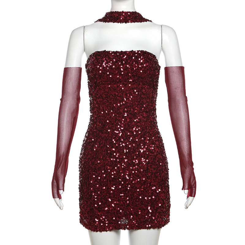 Women's Sequin Dress Party Dress Sexy Halter Neck Sequins Sleeveless Solid Color Above Knee Daily Evening Party Cocktail Party display picture 15