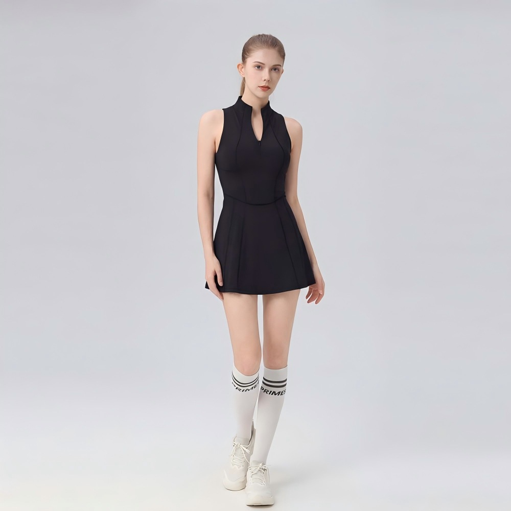 Women's Stand-Up Collar Zip-Up Sleeveless Tennis Dress Set, Elastic Quick-Dry Sports Skirt with Chest Pads, Golf Short Skirt