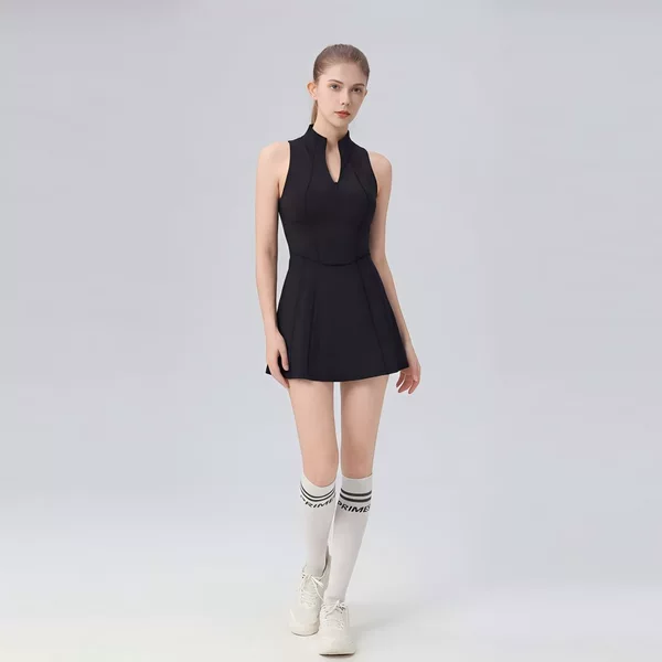 Women's Stand-Up Collar Zip-Up Sleeveless Tennis Dress Set, Elastic Quick-Dry Sports Skirt with Chest Pads, Golf Short Skirt