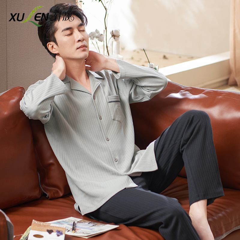 Pijamas de los hombres de primavera y otoño 100% algodón de manga larga más tamaño de los hombres sueltos de ropa para el hogar de otoño e invierno cardigan traje