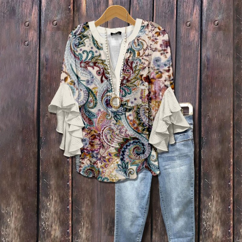Supports Dropshipping of 3D Cross-Border Creative Floral Print Digital Print Casual V-Neck Ruffled Edge T-Shirt for Women Supports Dropshipping of 3D Cross-Border Creative Floral Print Digital Print Casual V-Neck Ruffled Edge T-Shirt for Women