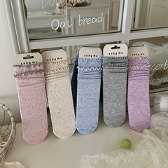 春夏新品點子紗雙層木耳邊無骨襪子女中筒襪少女甜美堆堆襪棉ins