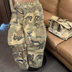 トレンディな春アメリカンストリートウォッシュ迷彩パンツパッチストレートワークパンツ男性と女性のためのカジュアルパンツトレンディ