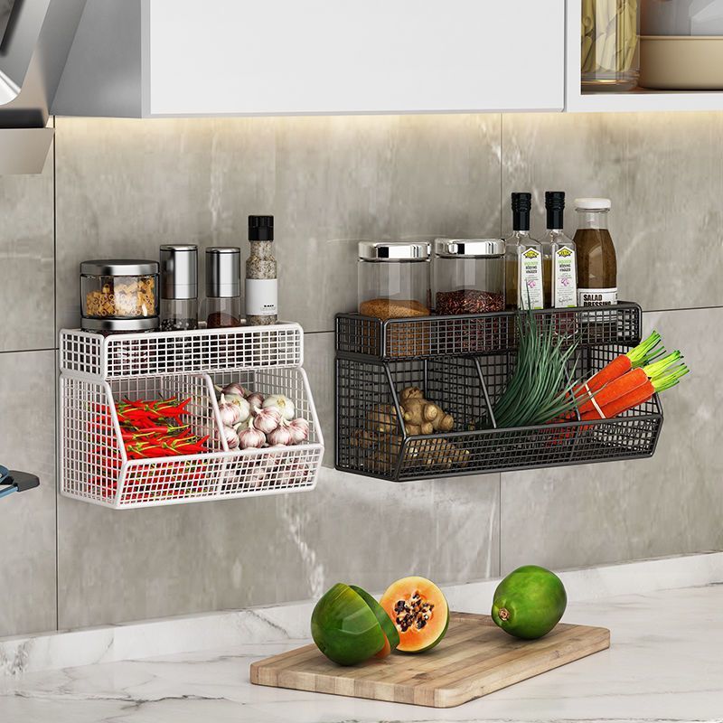 Estantes de cocina sin agujeros colgados en la pared, cestas colgadas en la pared, cestas de verduras colgadas en la pared, condimentos, botellas de condimentos, caja de almacenamiento