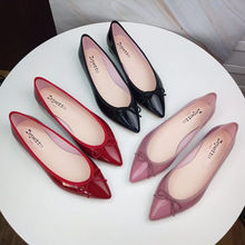 法式复古芭蕾舞鞋尖头漆皮平底单鞋蝴蝶结浅口舒适小红鞋