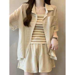 Korean Style Fashionable Camisole Top + Sun Protection Jacket + Chiffon Wide-Leg Shorts Three-Piece Set for Women Summer
