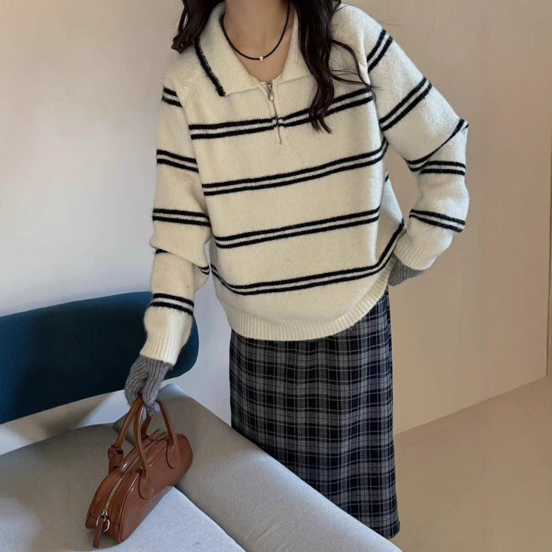 韩系polo领条纹套头毛衣女秋冬宽松翻领半拉链软糯减龄针织衫上衣|undefined