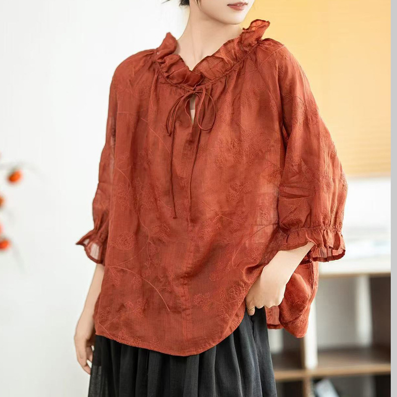 Artistic Ramie Lace Sleeve Shirt Women's 2025 Summer New Elegant Loose Slimming Solid Color Style Thin Top