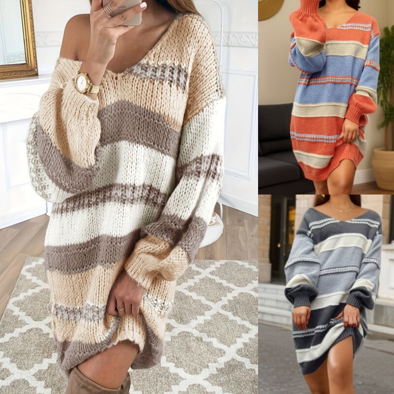 Cross-Border Amazon 2025 Autumn and Winter European and American Plus Size Women's Knitted Contrast Stripesd Long-Sleeved Loose Sweater Dress
