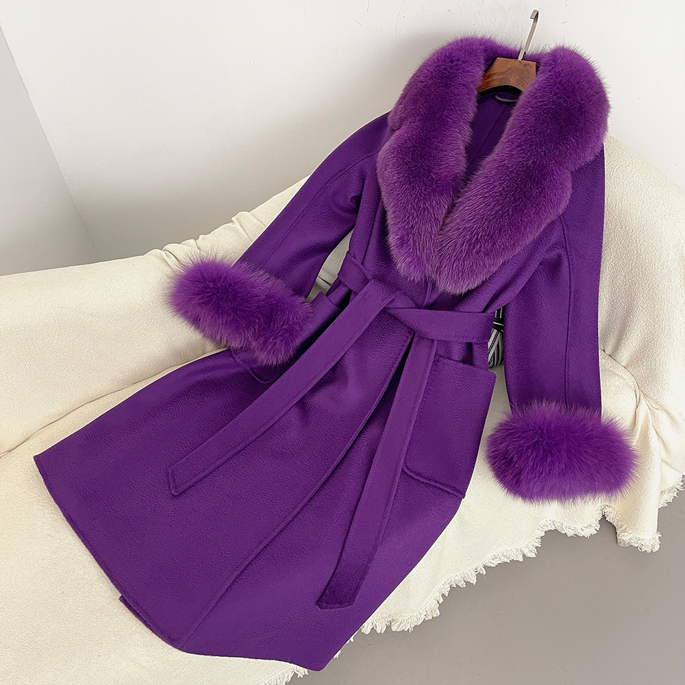 Sieviešu apģērbs Rudens un ziemas jauns divpusējs vilnas mētelis ar lapsas kažokādas apkakli, sieviešu 100% vilnas, augstas kvalitātes vilnas mētelis_voghion.com