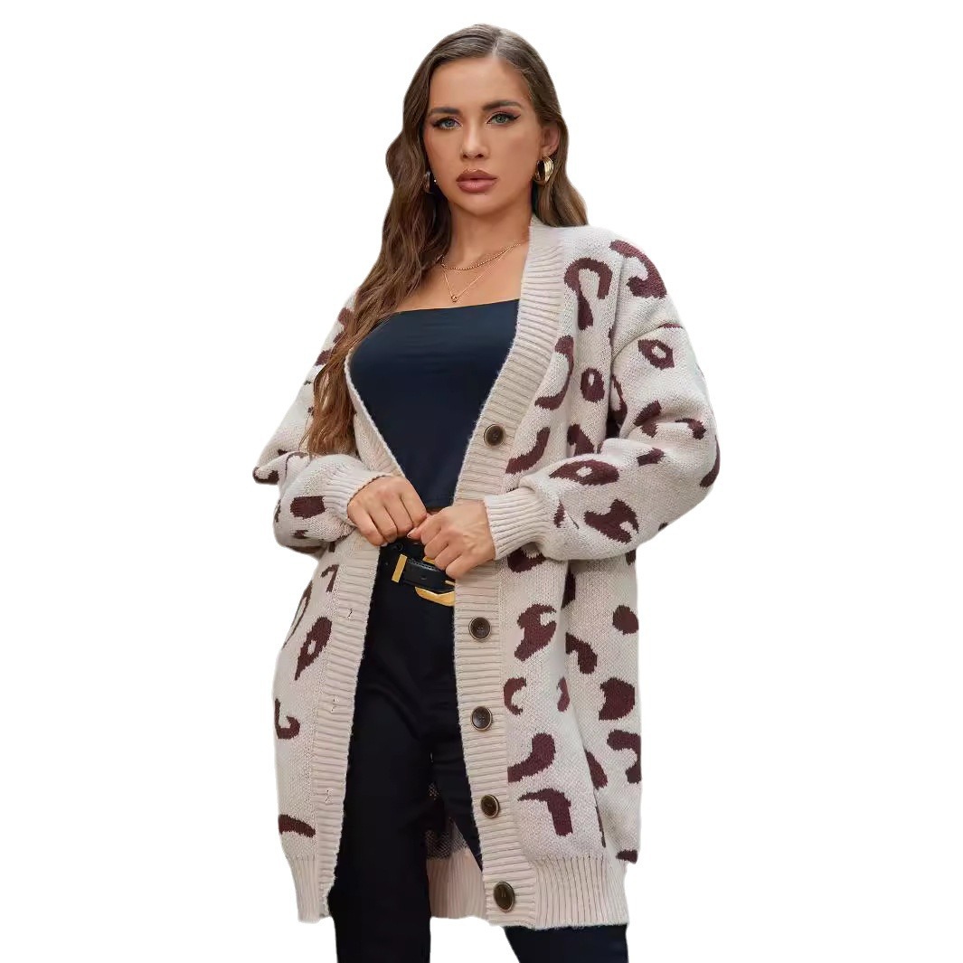 Høst og vinter grenseoverskridende strikket jakke Europeisk og amerikansk utenrikshandel ny mellomlang leopardprint genser cardigan uformell løs topp for kvinner