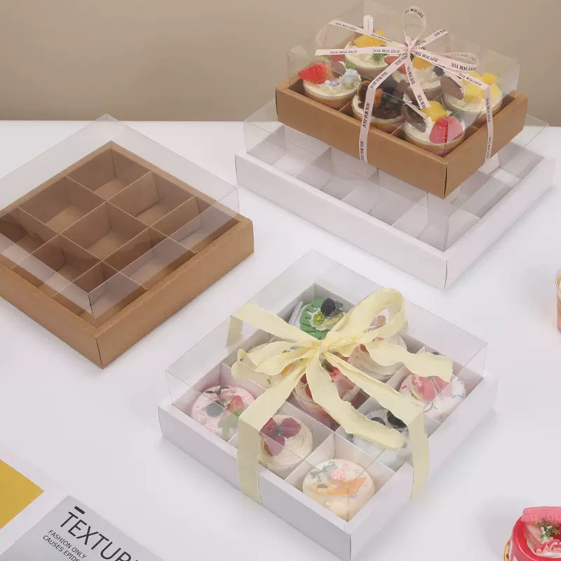 直销牛皮纸九宫格野餐盒12粒火锅外卖打包盒纸杯蛋糕盒子透明加厚