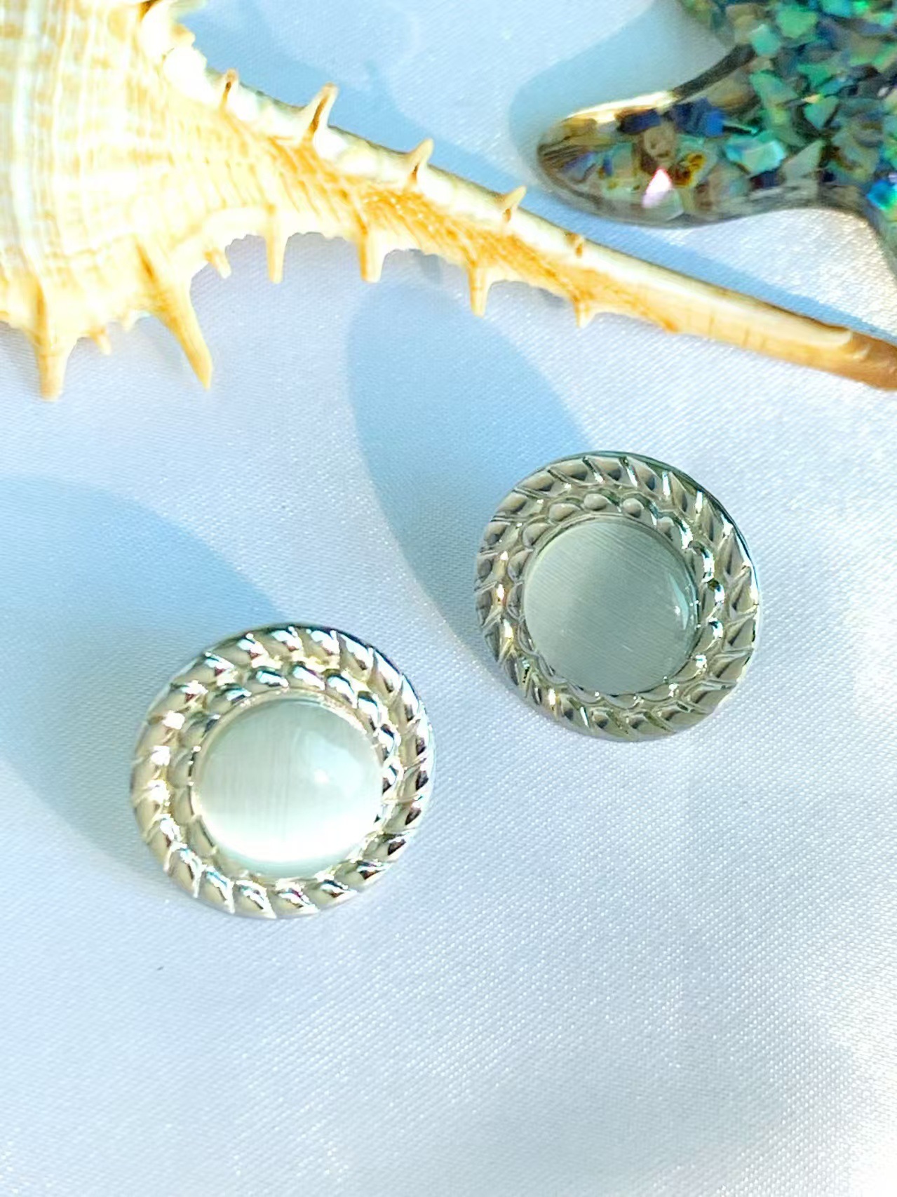 304 Stainless Steel Material 1 Pair Retro Round Inlay 304 Stainless Steel Natural Stone Ear Studs