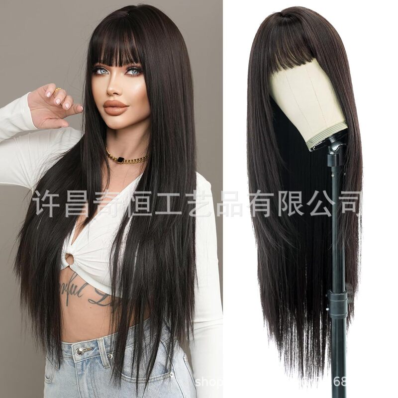 Xuchang Wig Black Long Straight Wig with Bangs High-Layered Wig Purple Wig 34in Super Long Straight Hair Full Head Wig