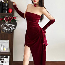 跨境欧美风2025冬季新款女装圣诞抹胸亮片不对称飘逸裙摆连衣裙
