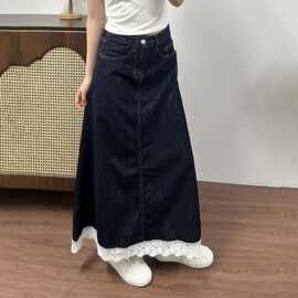 300斤大码不开叉蕾丝拼接牛仔半身裙女秋季长裙胖mm遮胯显瘦a字裙