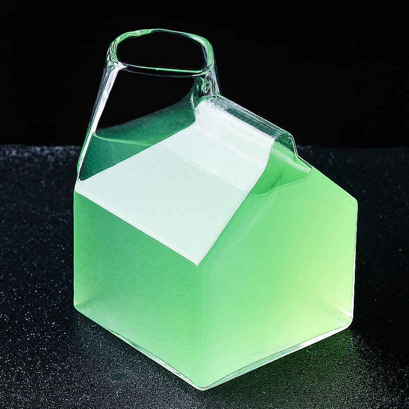 Taza de desayuno casera creativa, taza de caja de leche de vidrio resistente al calor, taza de bebida de jugo de tendencia transparente, puede entrar en el microondas