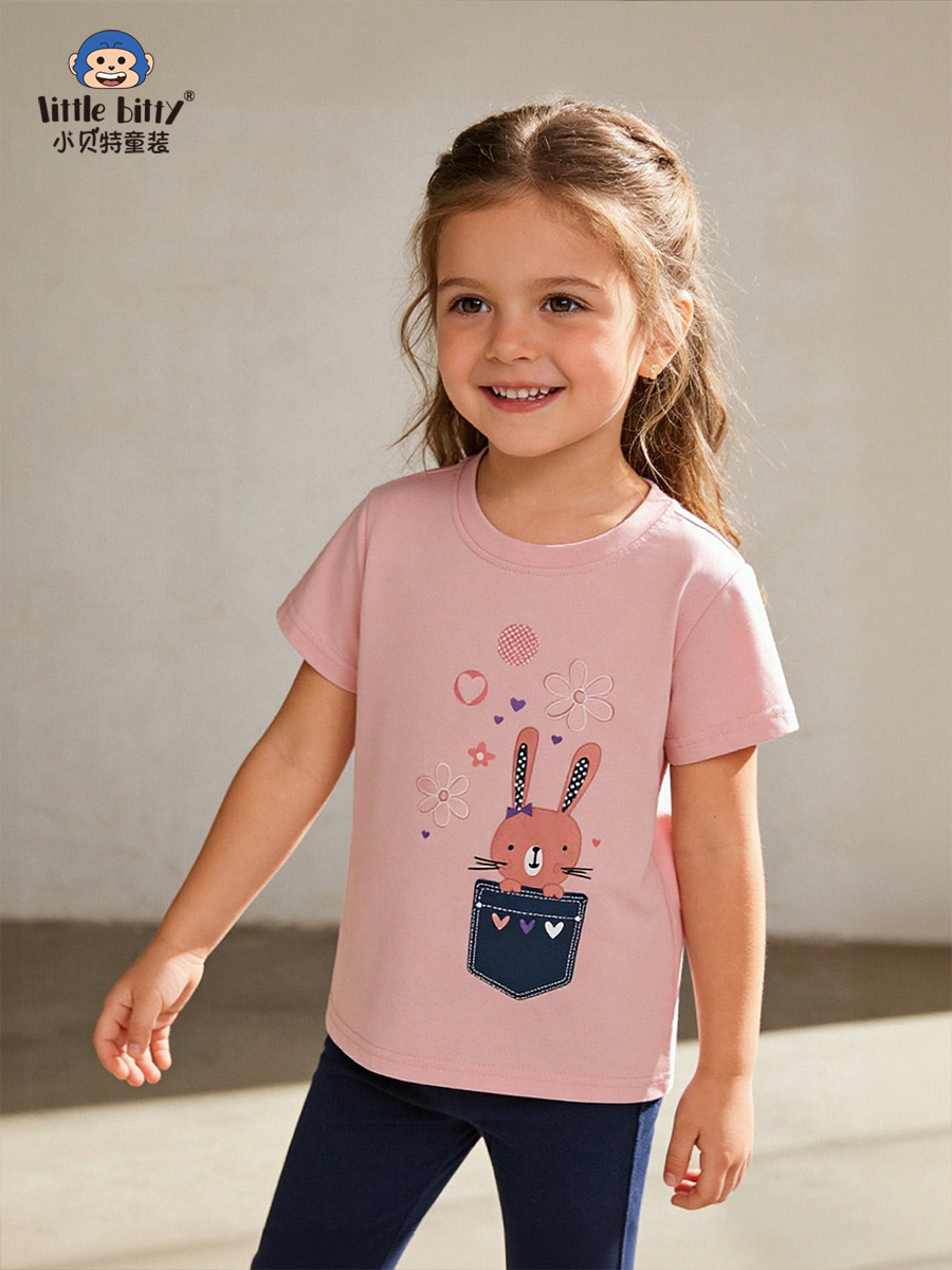 Cross-Border Supply 26 Years of Experience in Spring and Summer Children's Short-Sleeve T-Shirts with Cartoon Rabbit and Flower Prints, Round Neck Printed Tops, In-Stock Children's Clothing