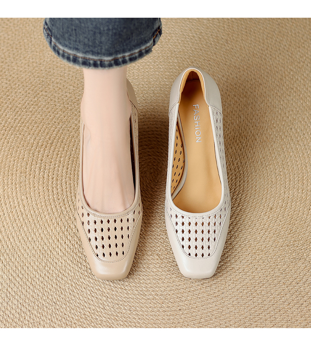 Giày sandal nữ da thật mũi vuông gót xuồng thấp, xỏ chân thoáng khí đi làm — màu trắng ngà, màu mơ chi tiết 12