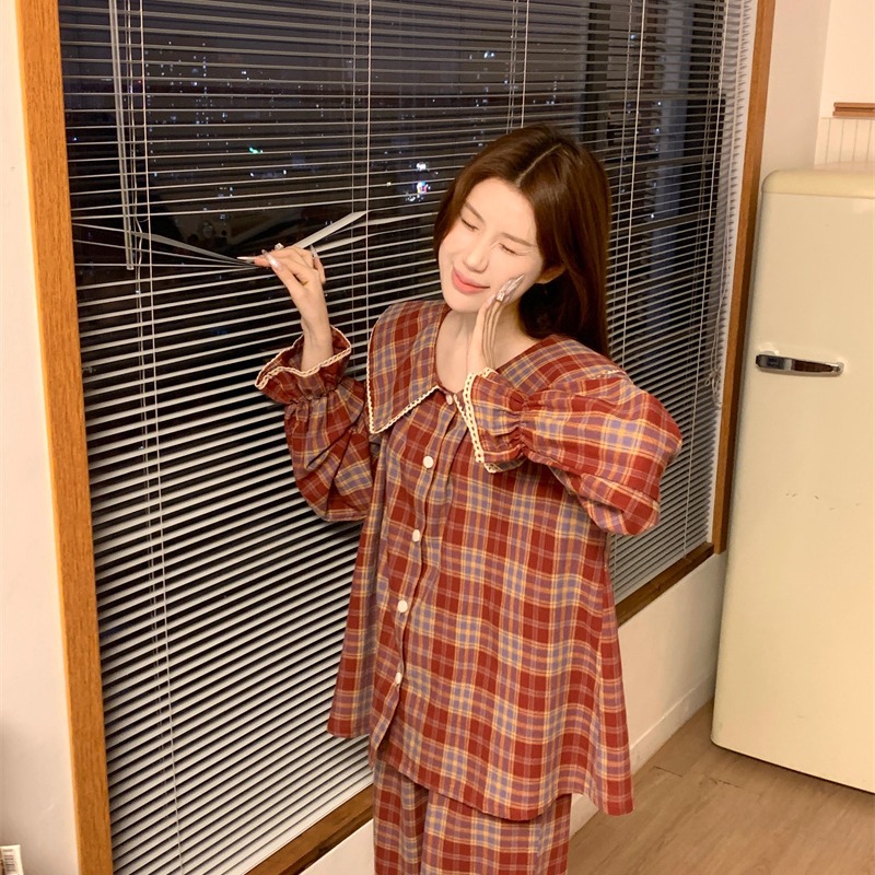 2025 봄 신상품 베이비 칼라 플레드 긴팔 팬츠 카디건 세트 파자마 여성 홈 의류