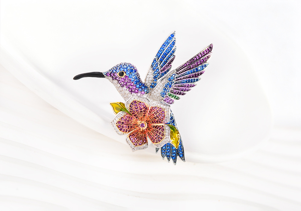 Enamel hummingbird flower brooch, European and American vintage full-diamond brooch, dress and suit accessory, available for one-piece drop shipping