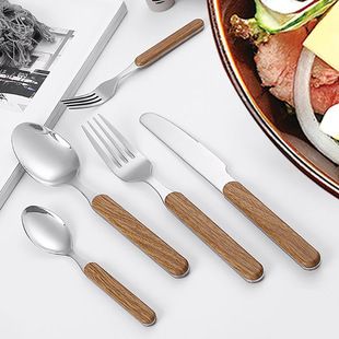 Food Grade Stainless Steel Spoon, High-Looking Retro Light Luxury Western Food Knife, Fork and Spoon, Wood Grain Handle Knife, Fork and Tableware Wholesale