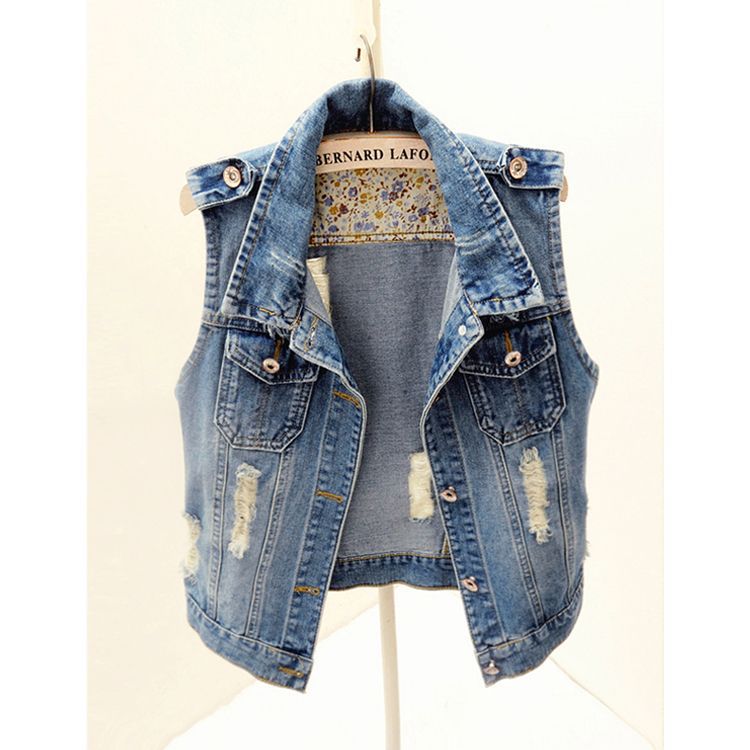 Spring and Autumn Korean Style Slimming Look Ripped Short Sleeveless Denim Vest for Women Summer Vest Vest Outer Jacket Top