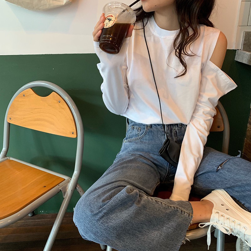 Camiseta de Moda para Mujer 2025, Estilo Influencer, Ajustada, con Hombros Descubiertos, Manga Larga, Estilo Chic
