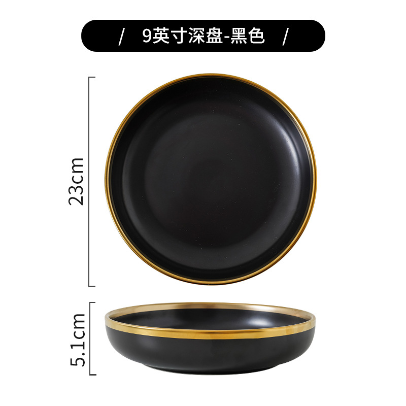Tazón de lujo ligero y traje de plato de cerámica hogar mate negro borde dorado tazón y combinación de plato celebridad de Internet traje de vajilla de conjunto completo Nórdico