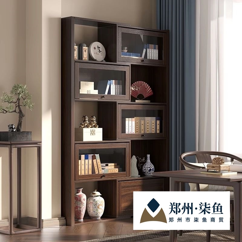 American Retractable Bookcase Storage Cabinet with Glass Door Floor-Standing Whole Wall Display Cabinet Living Room Storage Bookshelf