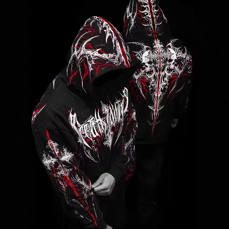 Breathedivinity Men's Gothic Letter Print and Blue/Black Gothic Pattern Hooded Sweatshirt -