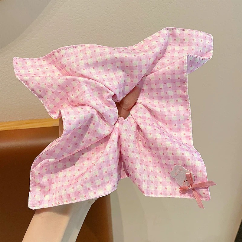 010 Розовый клетчатый квадратный шарф с зайчиком и резинка для волос