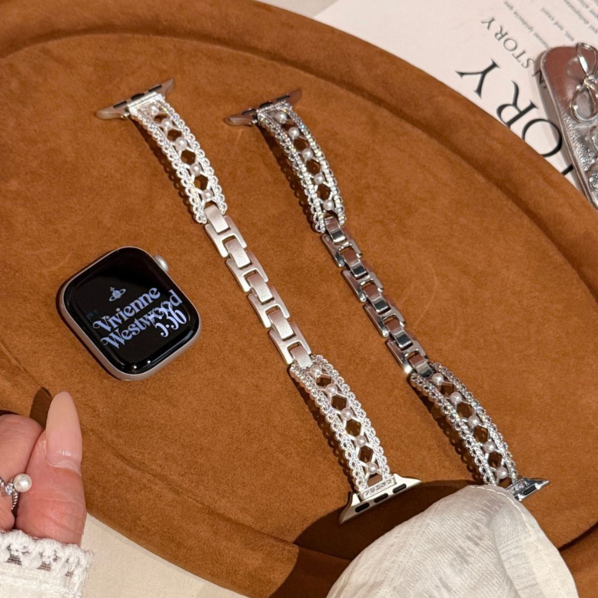 蕾丝珍珠铜链金属表带适用苹果手表iwatch12代11/10