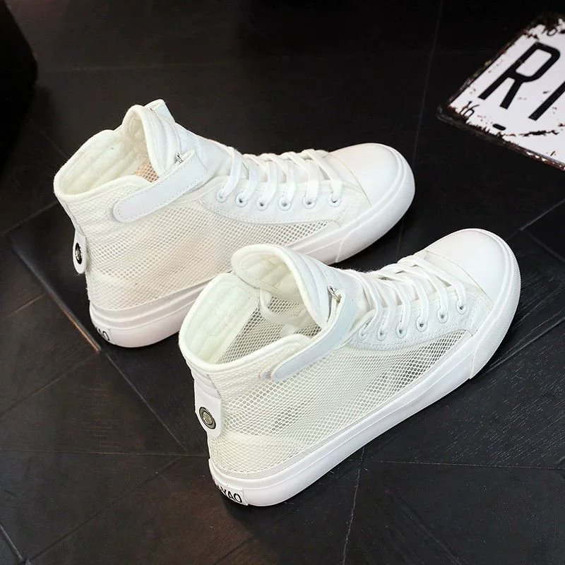 Летние дышащие кеды из холщовой ткани для женщин 2025 года, корейский стиль, универсальные высокие кроссовки с сеткой, тонкие, с перфорацией, на липучке, белые.