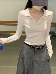 长袖t恤女2025新款春秋季修身白色内搭打底衫短款正肩polo领上衣