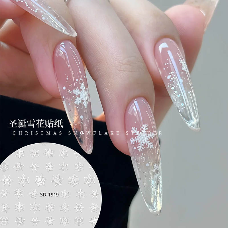 Christmas snowflake relief nail art sticker 3D silver white three-dimensional ice flower with adhesive New Year nail decal wholesale