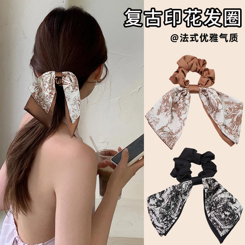 French vintage printed ribbon hair tie with elegant elegance, large intestine hair tie, exquisite ponytail hair ribbon for women