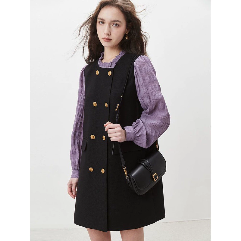 Черное платье А-силуэта с оборками для миниатюрных женщин, новинка 2025 года, винтажное, с лоскутным узором, длинными рукавами, круглым вырезом, короткими рукавами и декором на пуговицах.